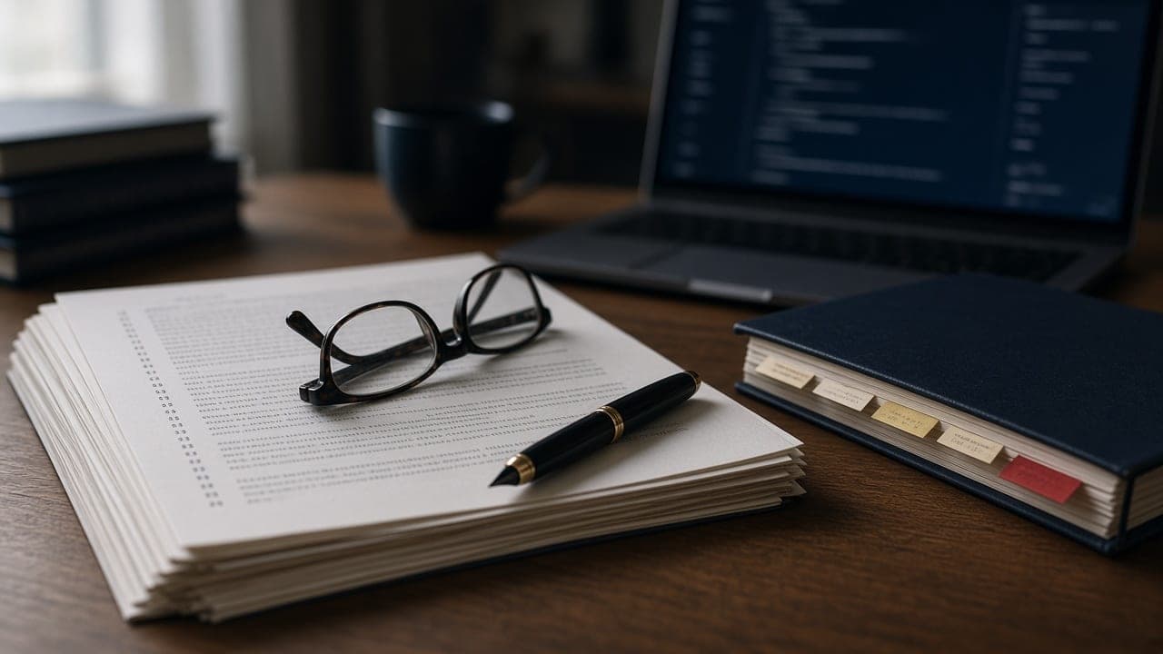 An expert witness's desk with a printed deposition transcript, reading glasses, a tabbed evidence binder, and a laptop.